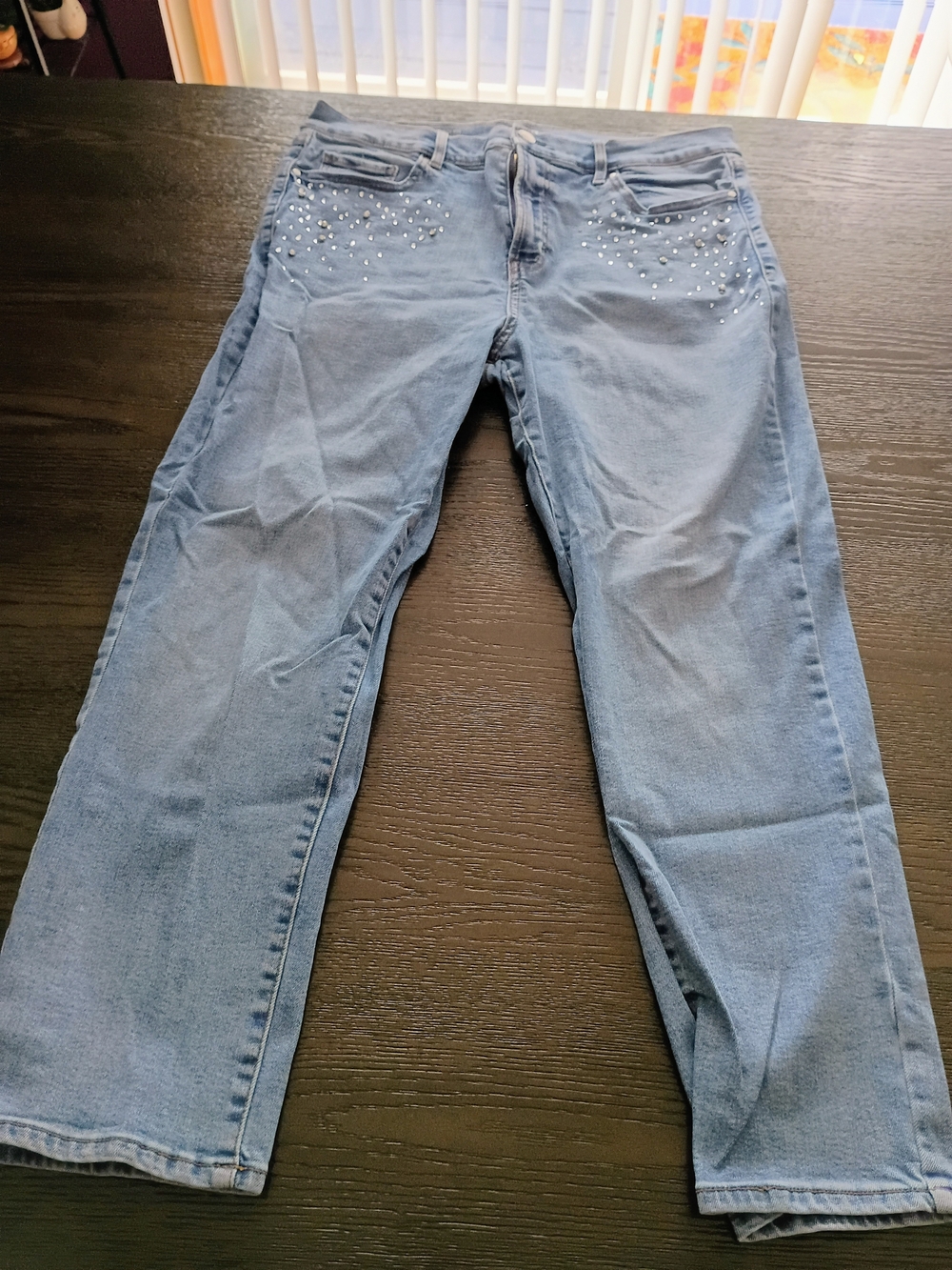 a.n.a Light Blue Straight Leg Jeans with Rhinestone Accents